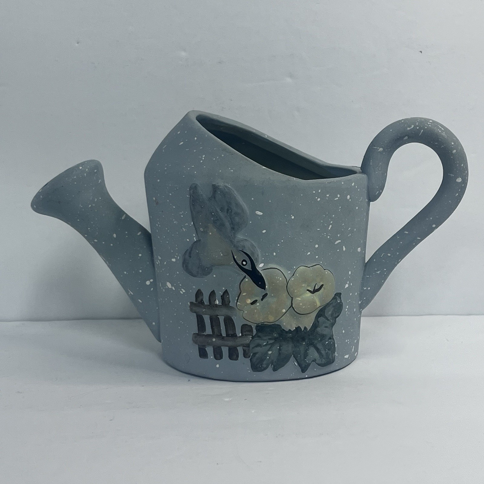 watering can ceramic Planter speckled grey blue hummingbird spring summer Garden