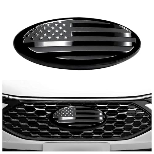 Front Grille American Flag Emblem, 7 Inch Aluminum Oval Rear Tailgate 7&Prime; Black