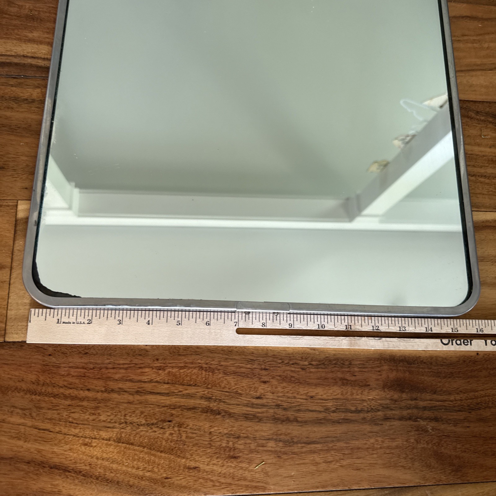 VTG MCM Stainless Steel Framed Bathroom Mirror Rounded Wall Hanging Rectangle