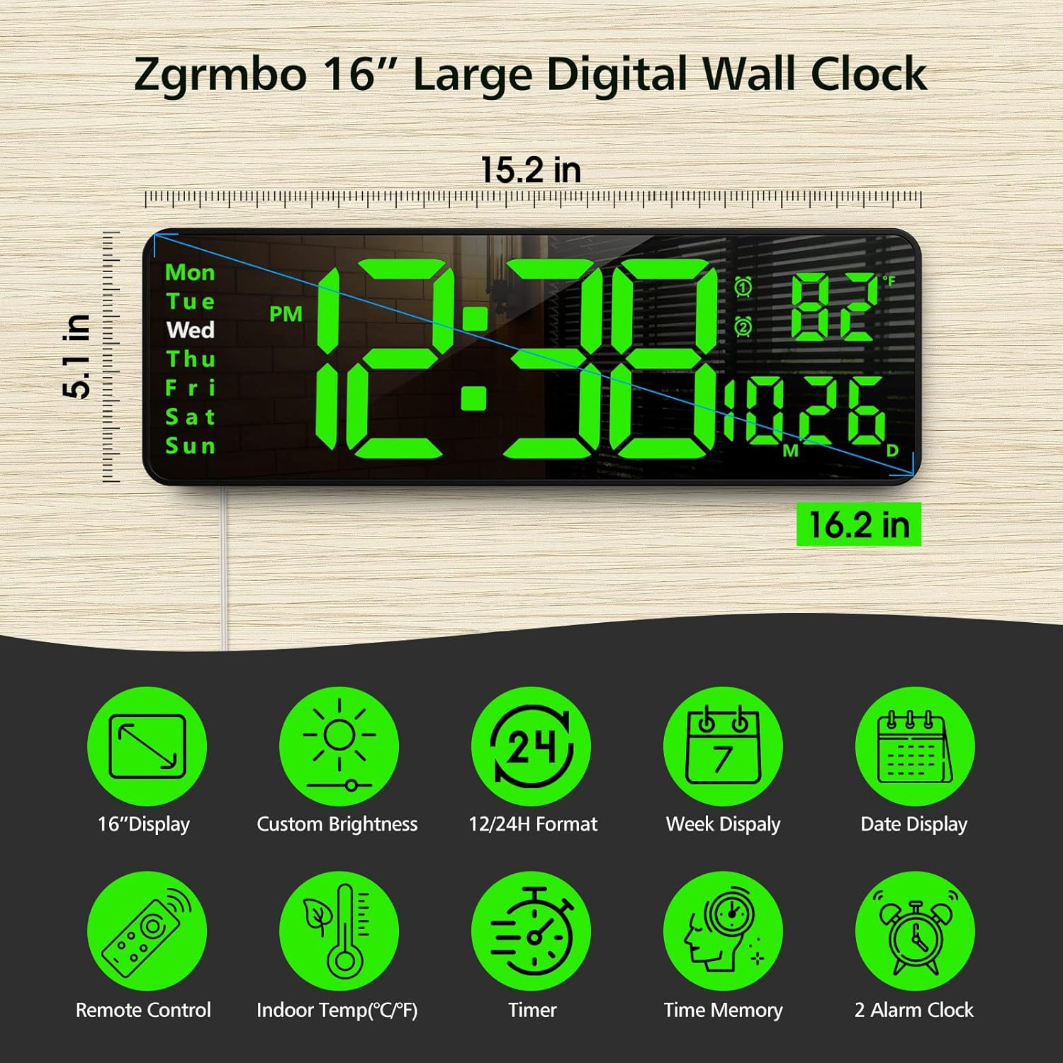16-In Digital Wall Clock Remote Control Large Display Digital Clock Date
