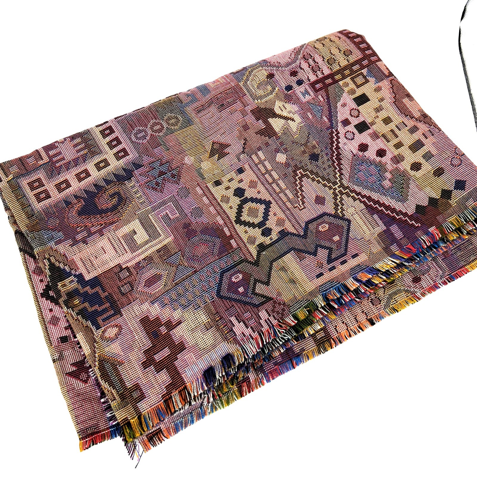 Handwoven Tapestry Tribal Abstract Geometic Pink Purple Woven Textile