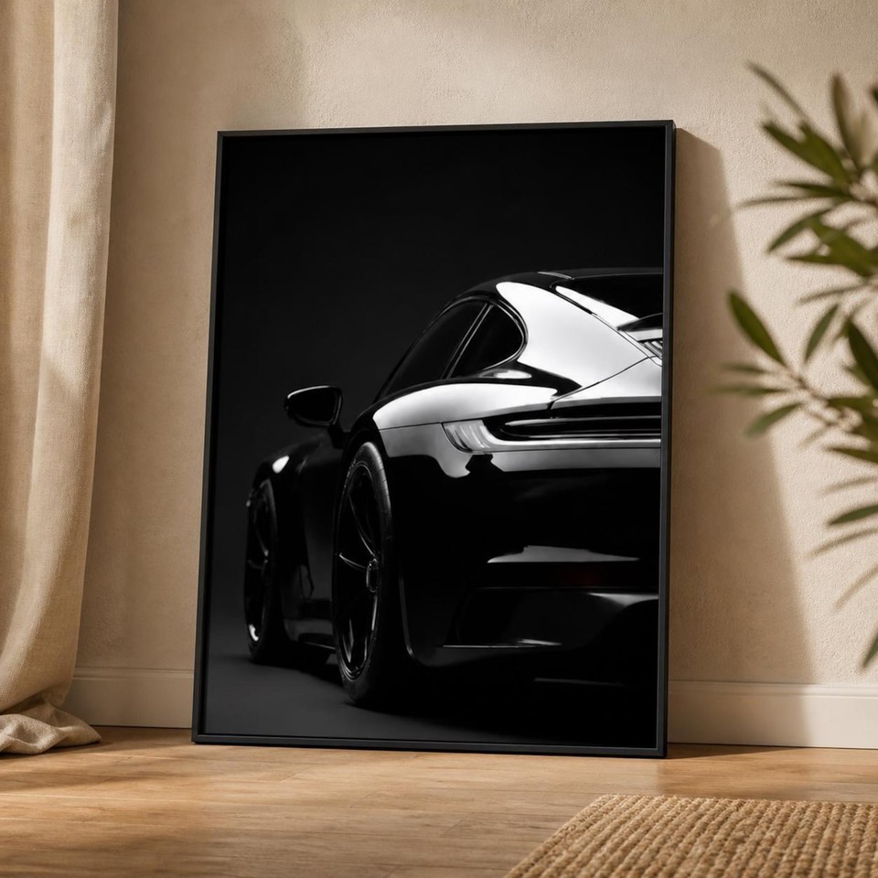 Porsche 911 Poster Black Sports Car Wall Art Minimalist Print for Office Bedroom