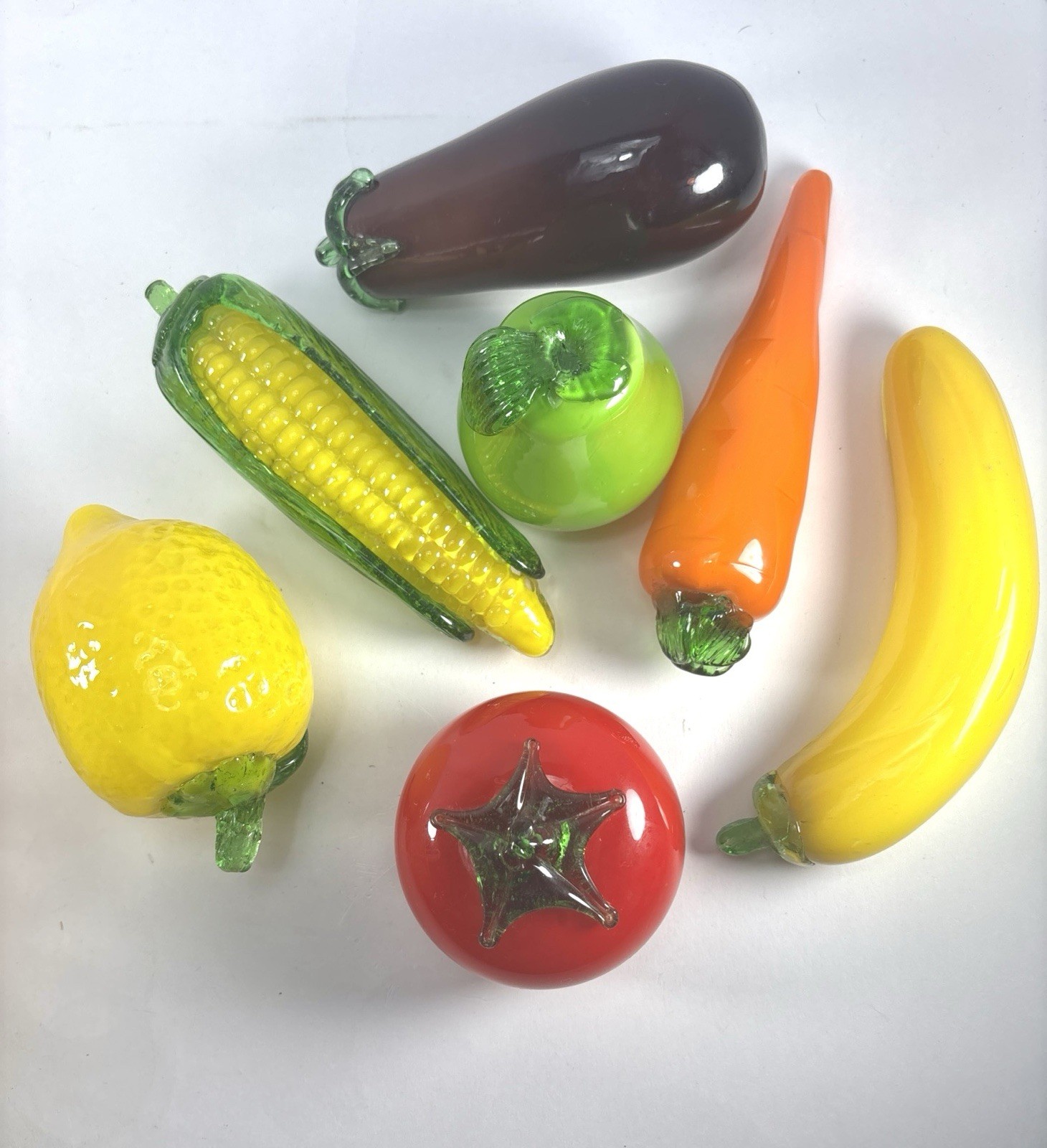 Vintage Lot Of 7 Blown Glass Art Glass Vegetables & Fruits Murano Style