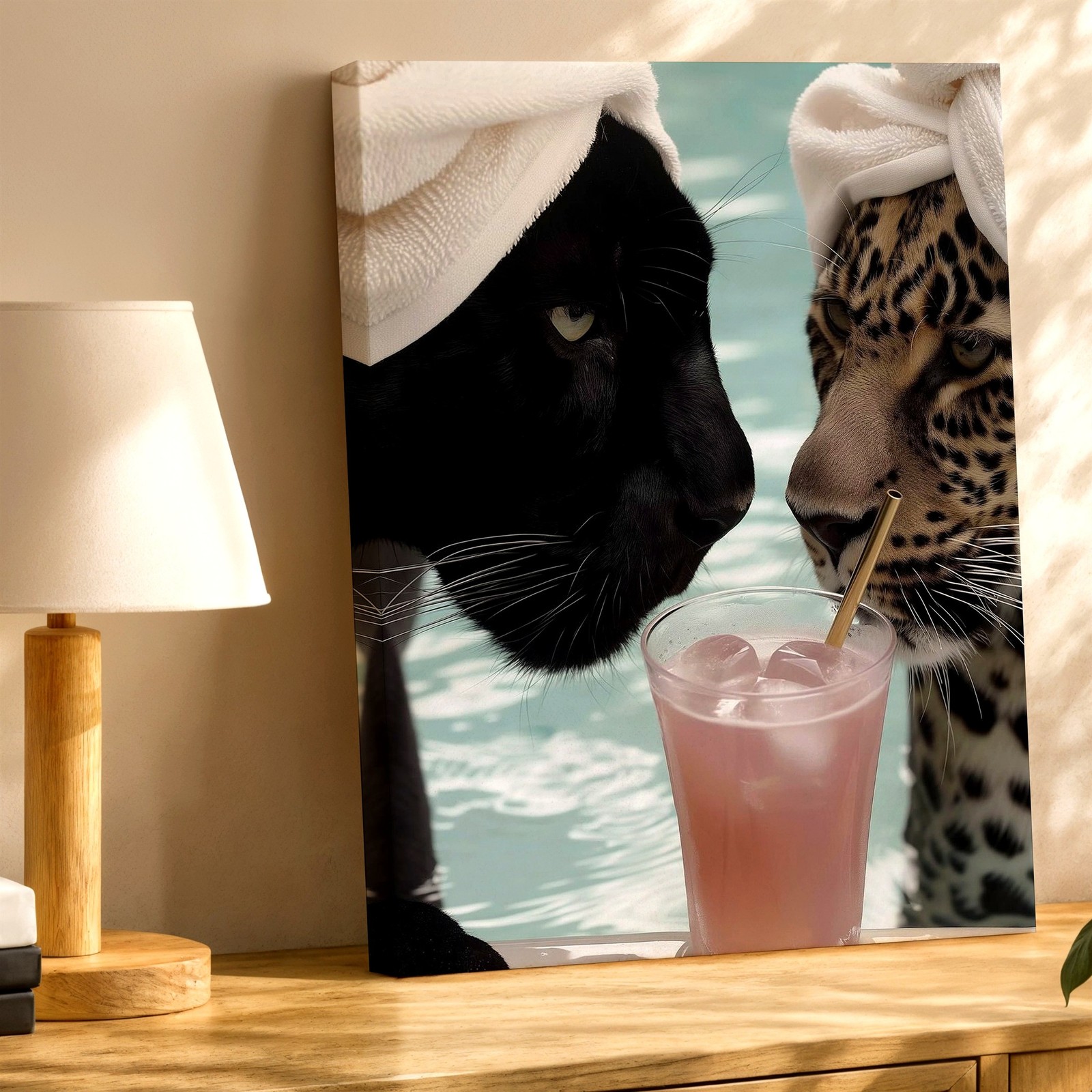 Wall Art Black Panther Leopard Poolside Cocktail Print Funny Animal Home Decor