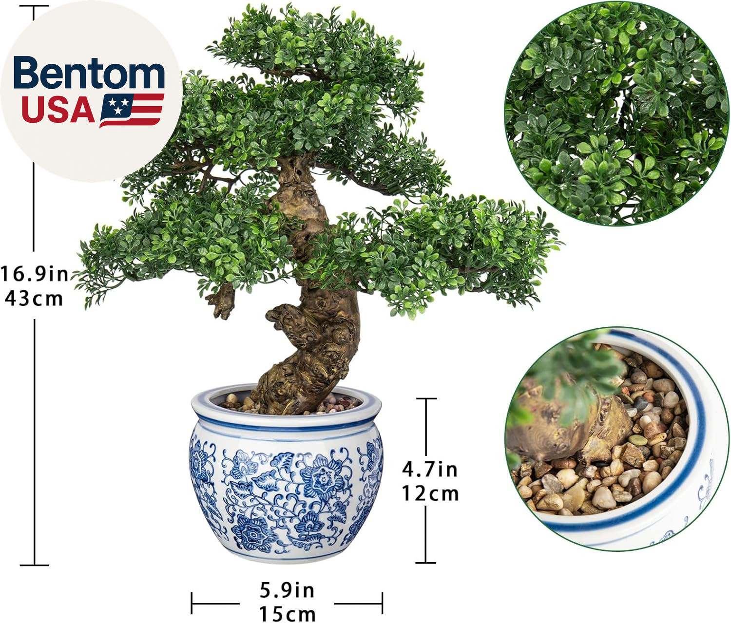 Fake Bonsai Tree Bonsai Plant 17” Tall Artificial Bonsai Trees with Blue and Whi