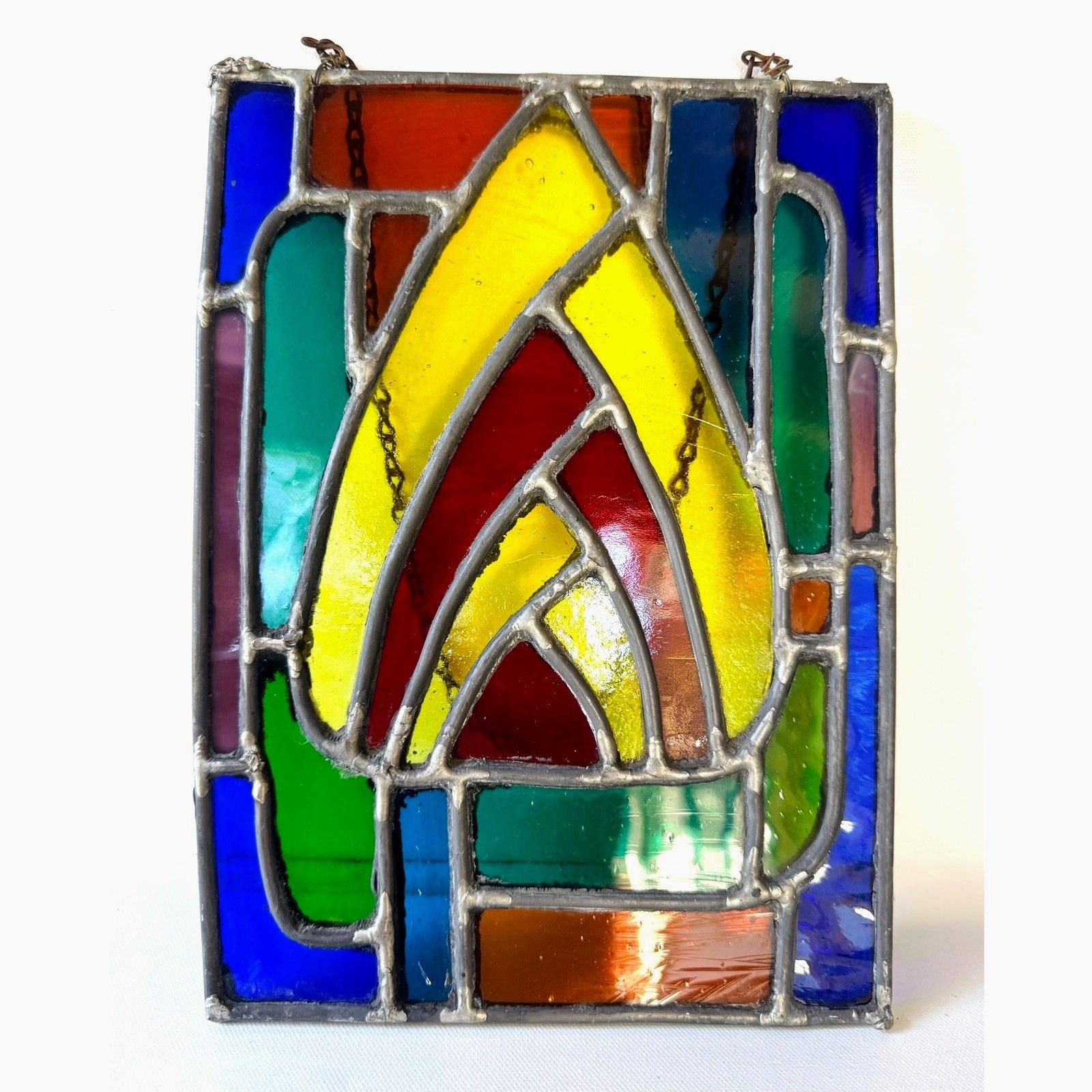 Vintage Leaded Stained Glass Window Panel Art Deco Style Geometric Hanging