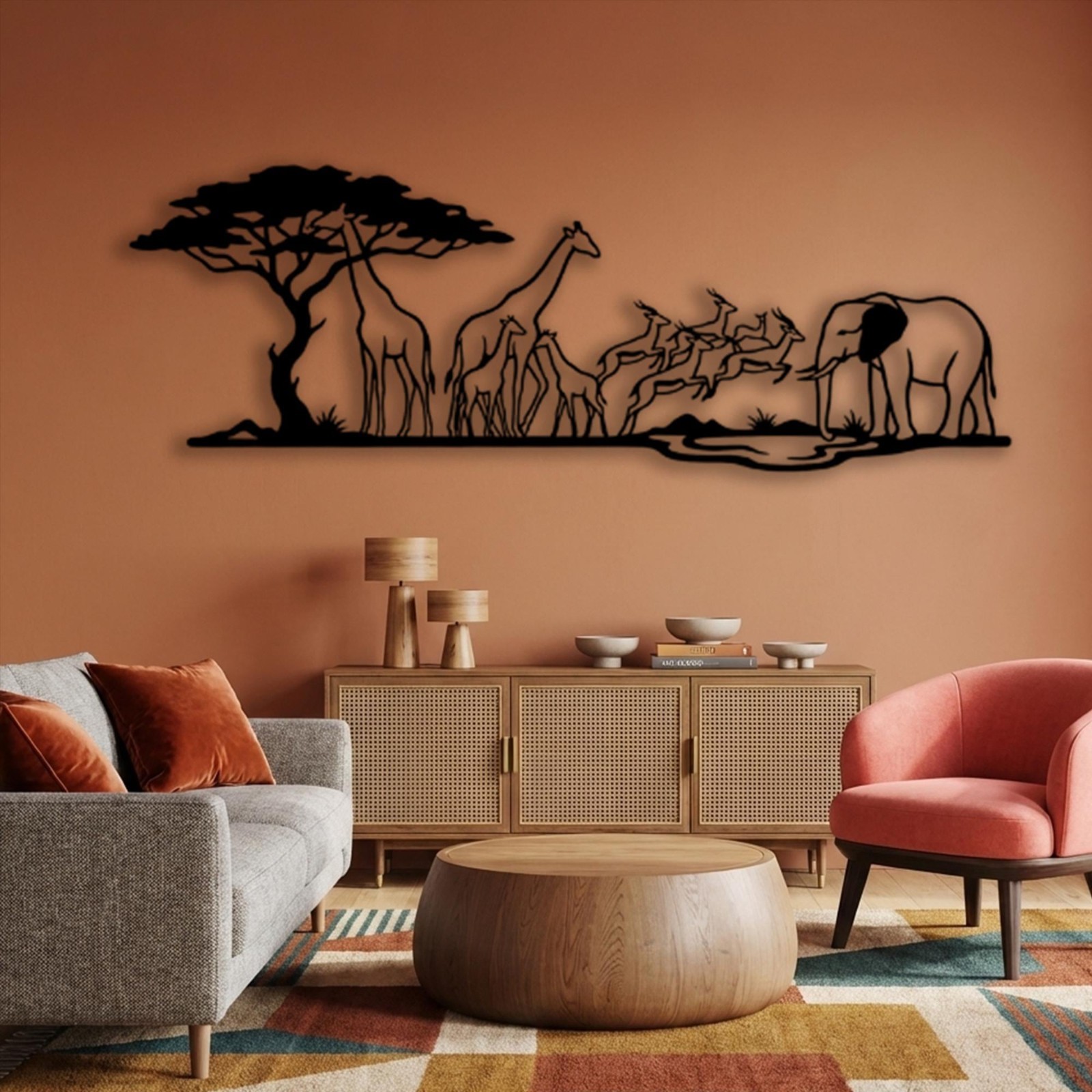 African Safari Metal Wall Art, Savanna Landscape Decor, Elephant Giraffe Sign