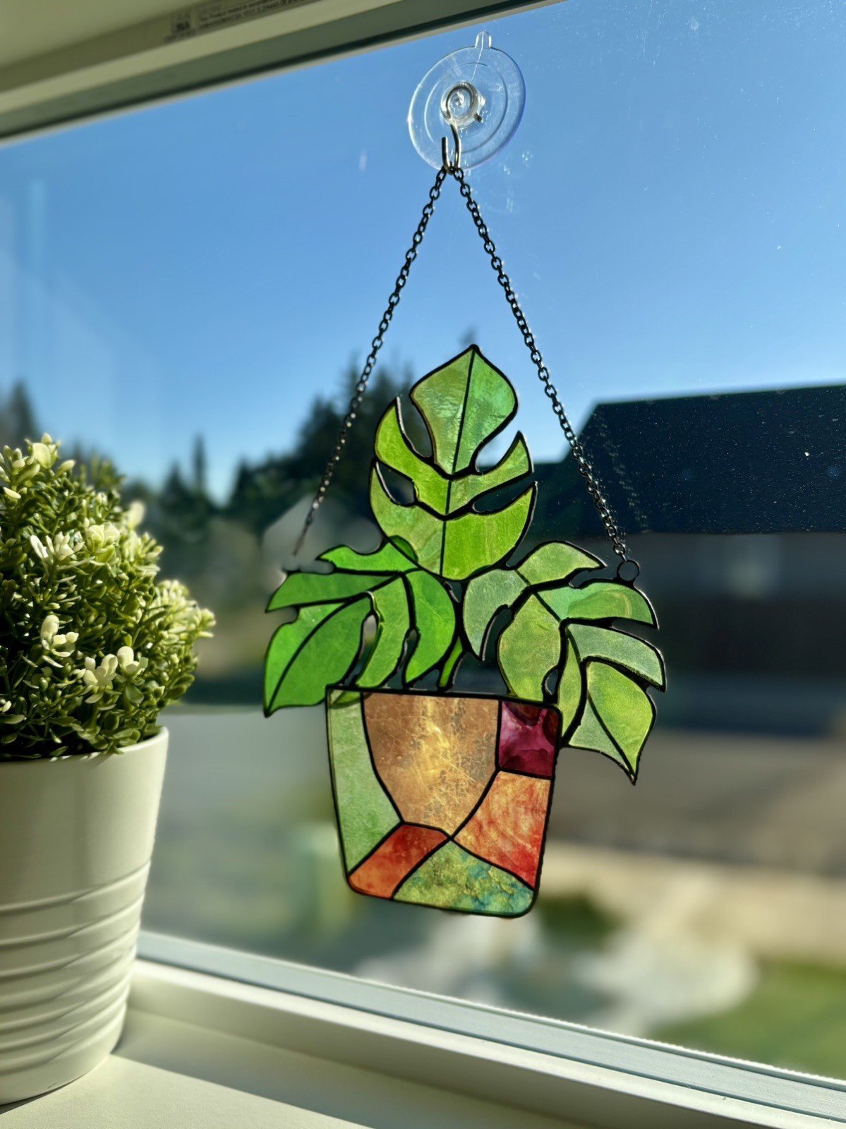 Handmade Stained Glass Hummingbird & Flower Suncatcher