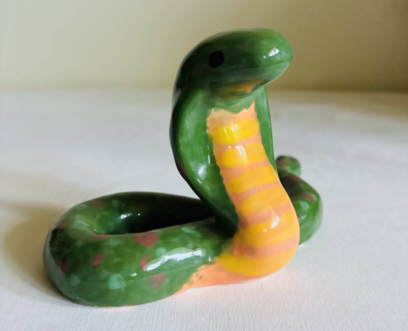 Hand Painted Ceramic Snake Cobra Figurine Green & Yellow Spots Pottery Art Signe