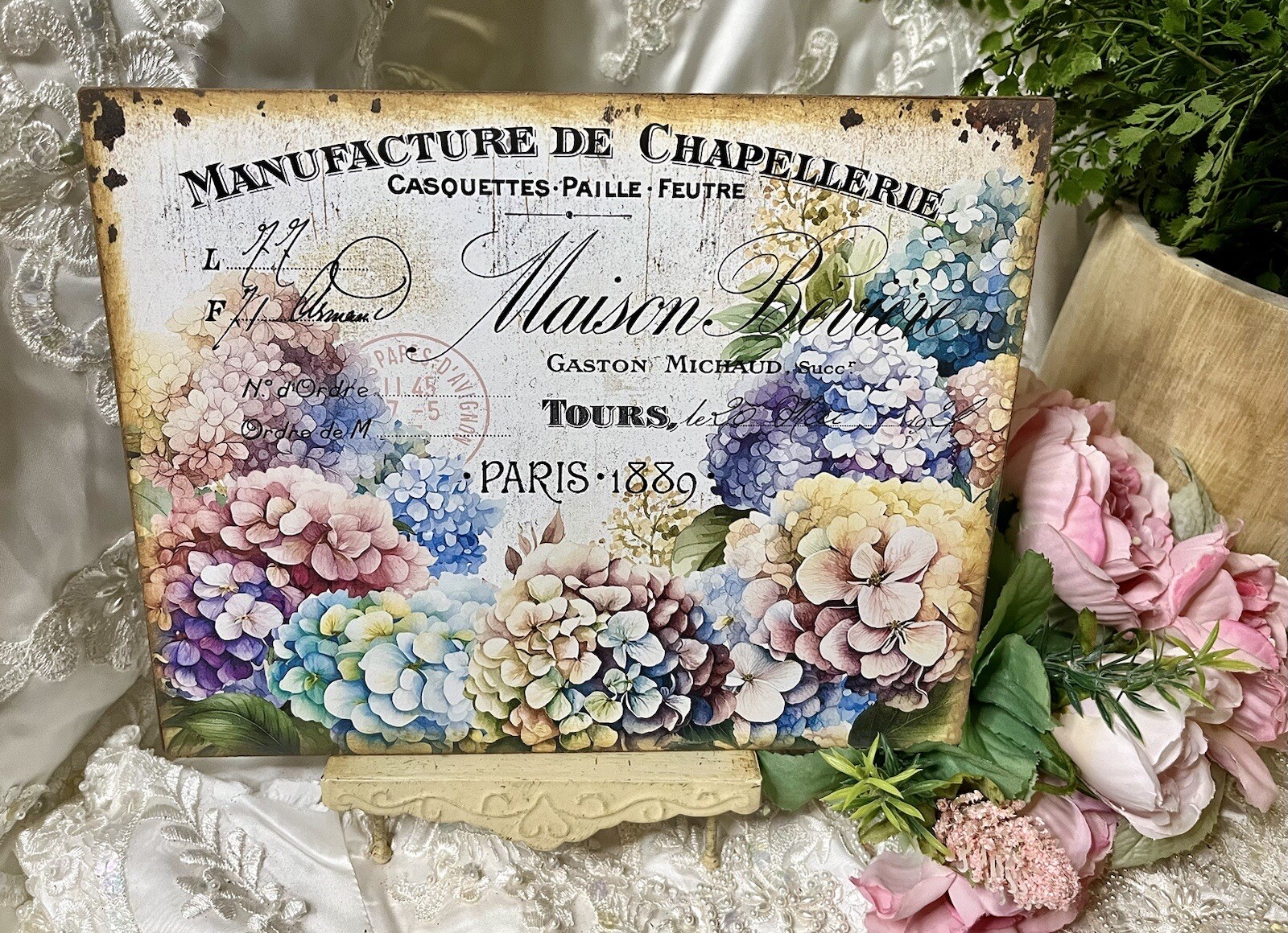 French Hydrangea Shabby Chic PARIS 1889 Handcrafted Plaque / Sign