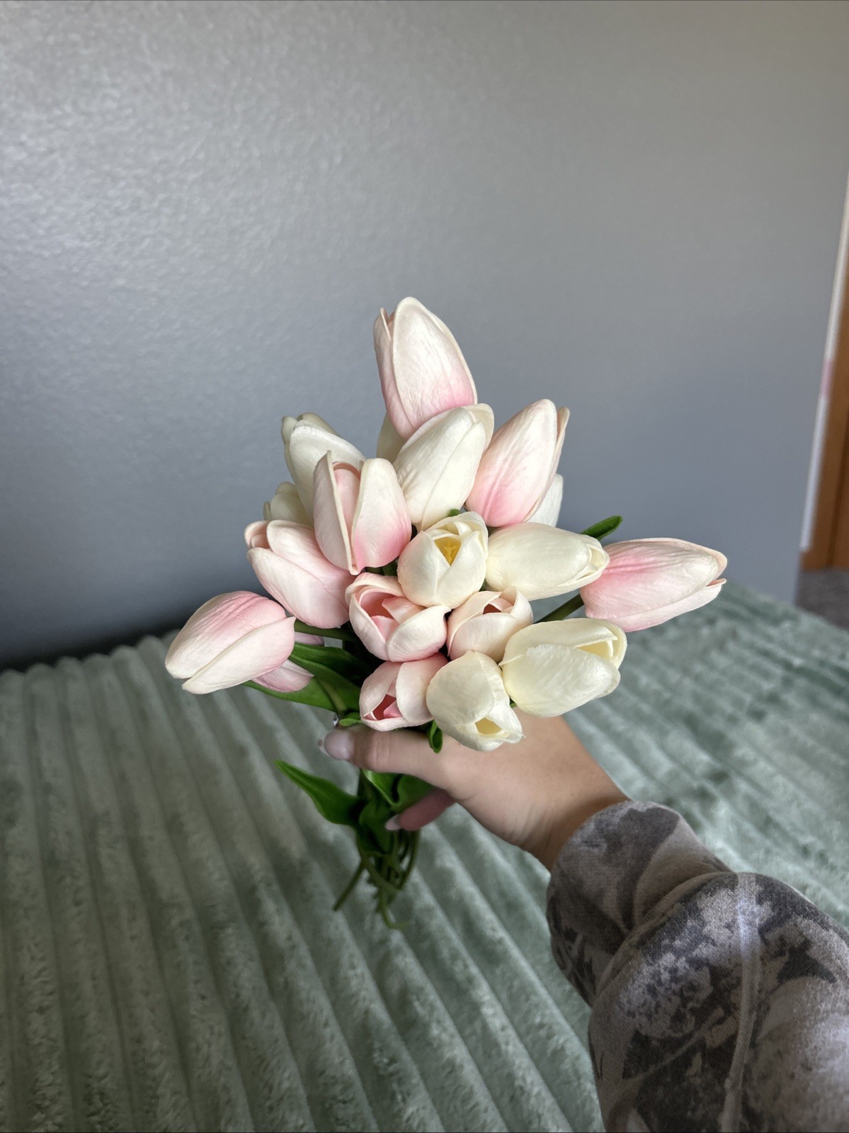 Fake Not Authentic Tulips With Leaves And Flexible, Stems, Pink And White