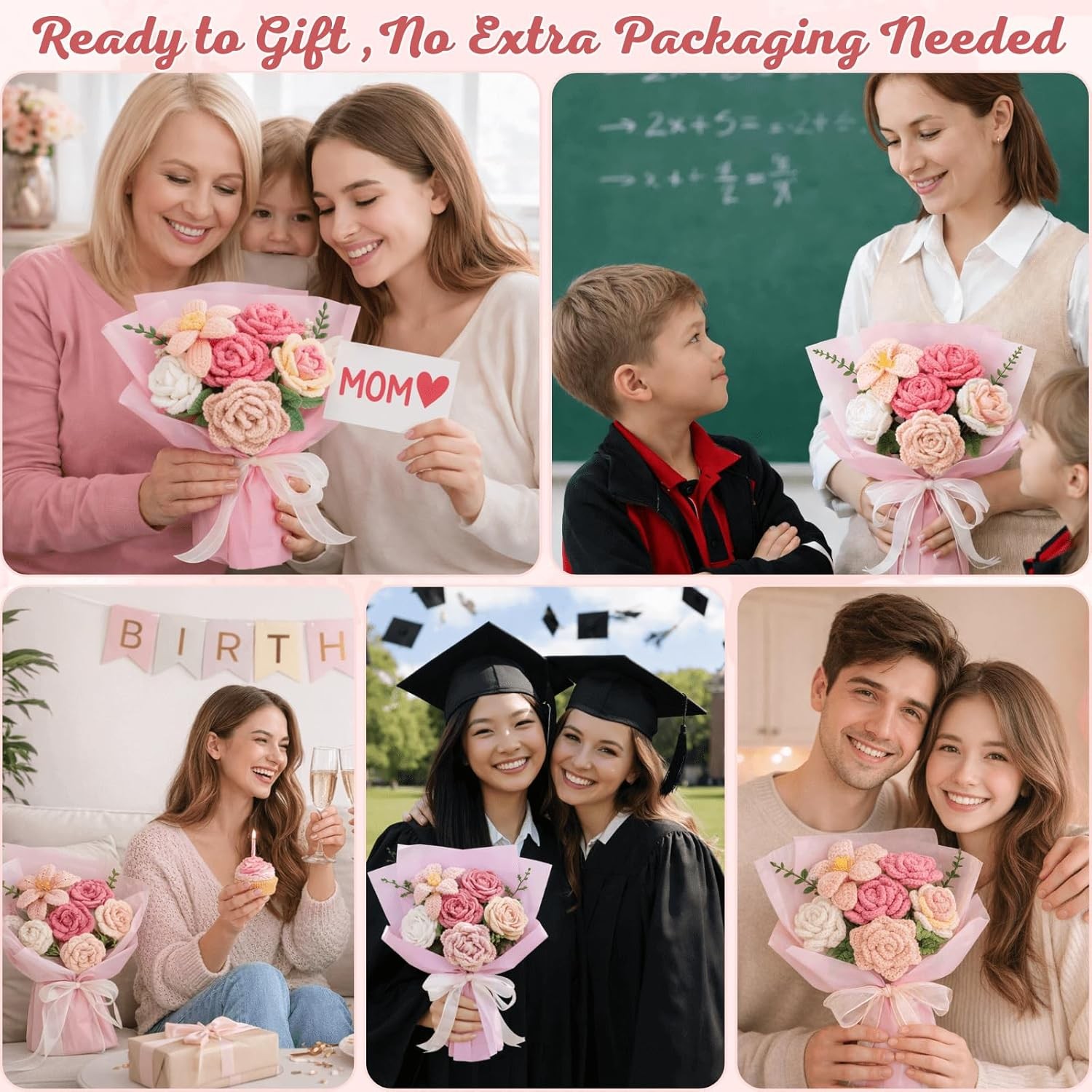 Youeon Pink Crochet Flower Bouquet, Handmade Knitted Yarn Rose Flowers with Gift
