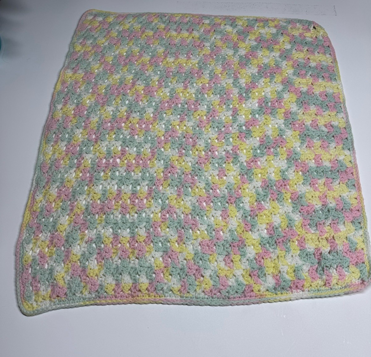Vtg Crochet Afghan Yellow Multi-Color Lap Baby Blanket Handmade Throw 34” X 30”