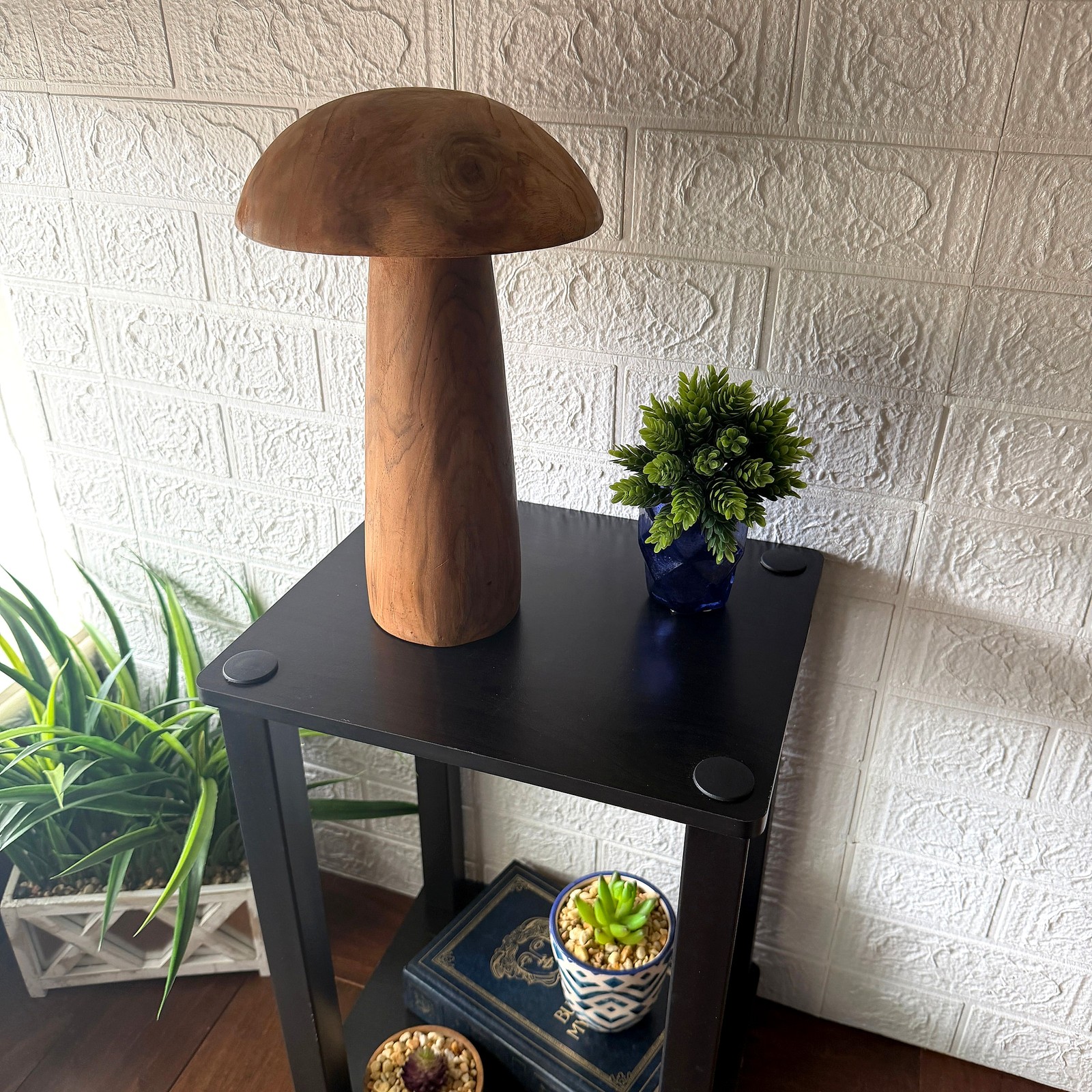 Wood Mushroom Statue 12.5 in Natural Solid Wood Freestanding Sculpture