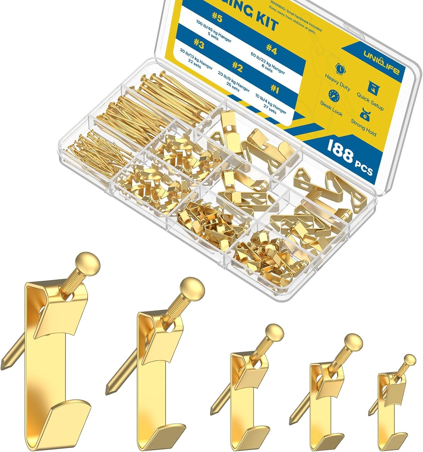 Uniclife 188 Pcs Picture Hanging Kit, 10 lb, 20 30 50 188 Pcs, Gold