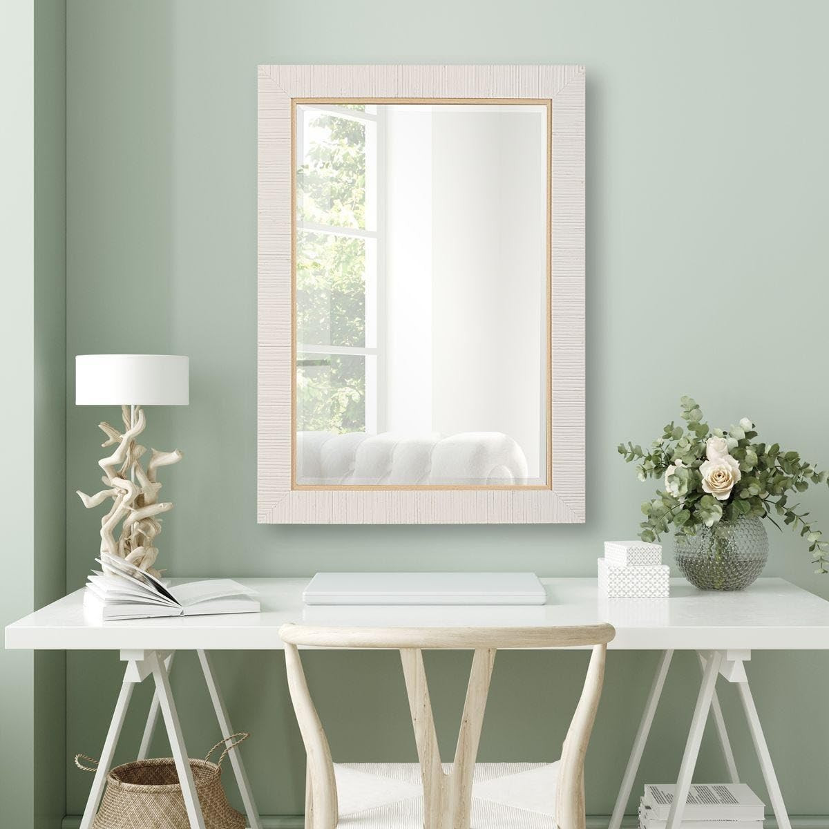 Coastal Whitewashed Rattan Frame Mirror – Modern Vanity Decor (25×35 in)