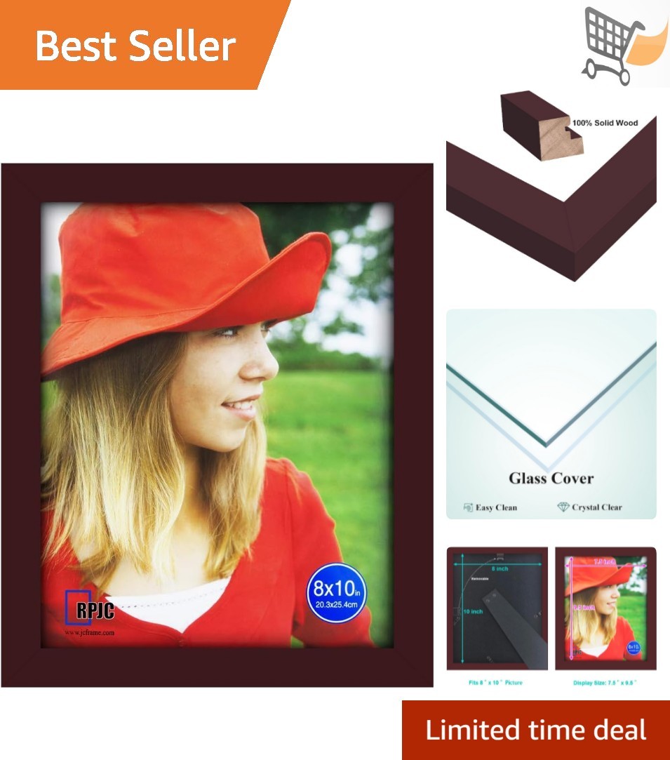 8×10 Inch Solid Wood Picture Frame with Glass Wall Mount or Tabletop Dark Brown