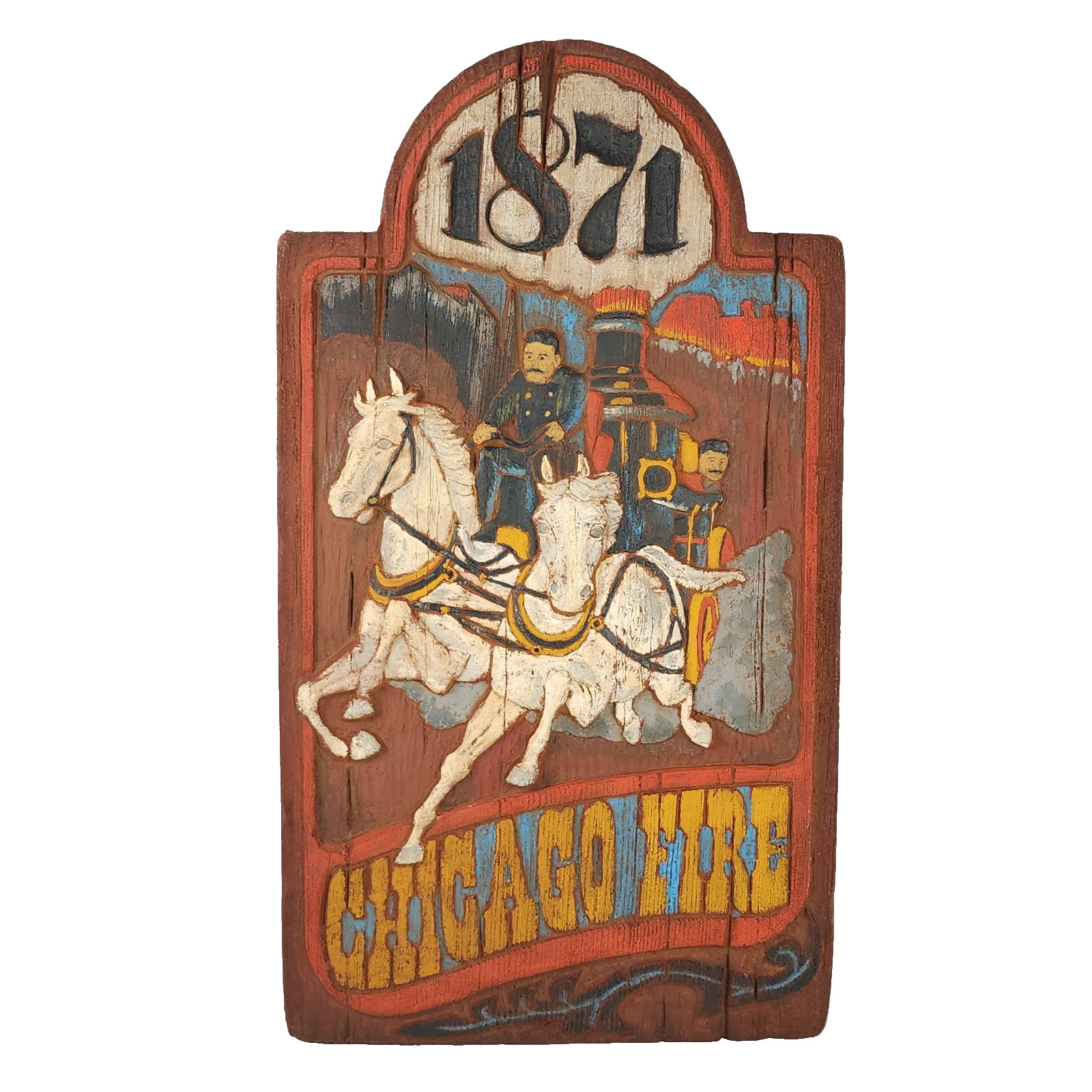 Vintage Faux Carved Wood Foam 1871 Chicago Fire Wall Plaque Firefighter Sign 20&Prime;