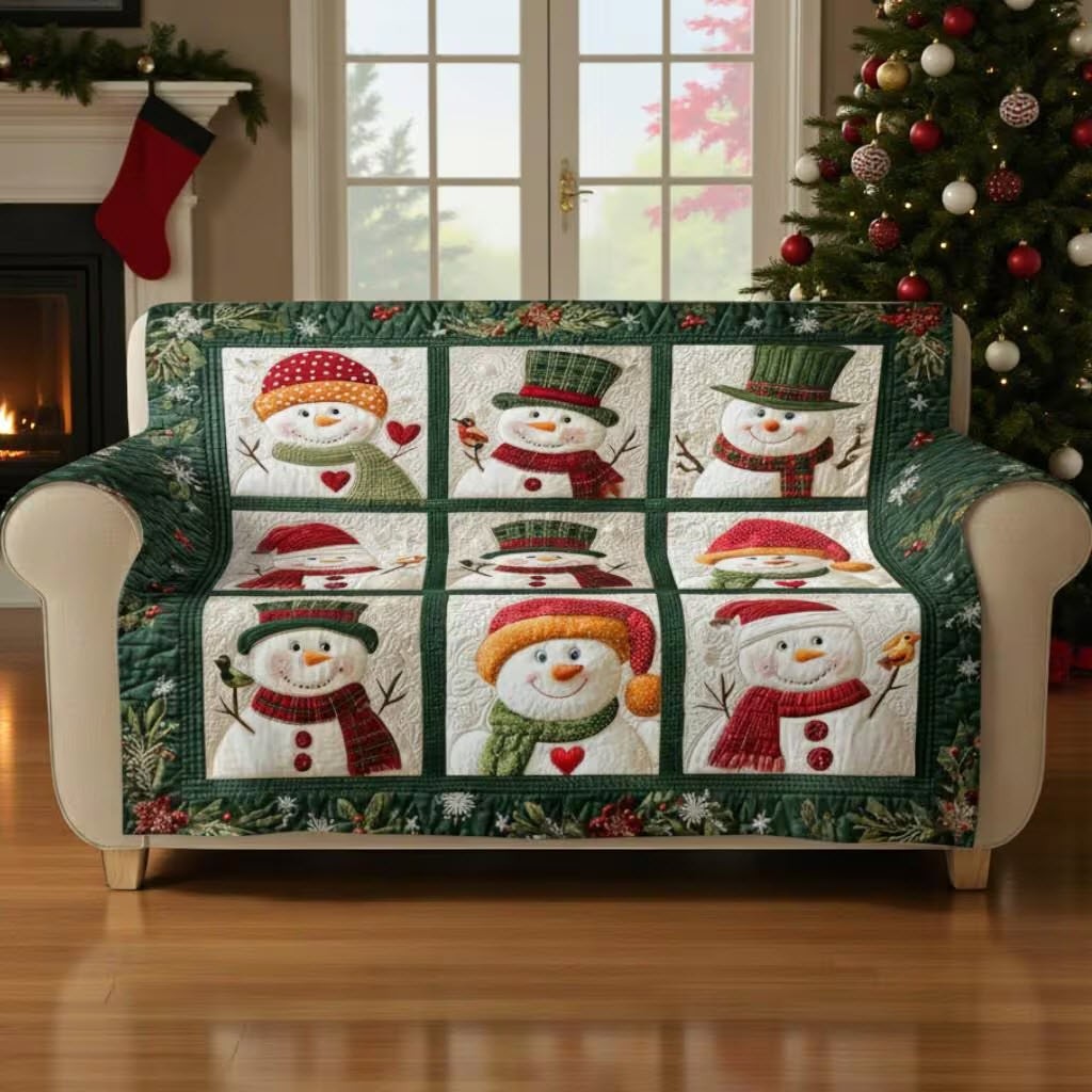 Snowman Christmas Quilted Sofa Cover Washable Holiday Couch Protector Gift