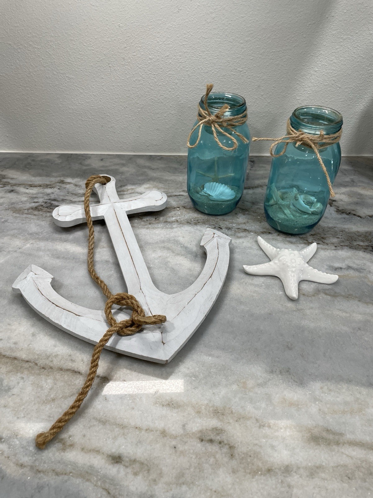Nautical Coastal Decor Set Anchor Wall Art Blue Candle Jars Starfish Beach