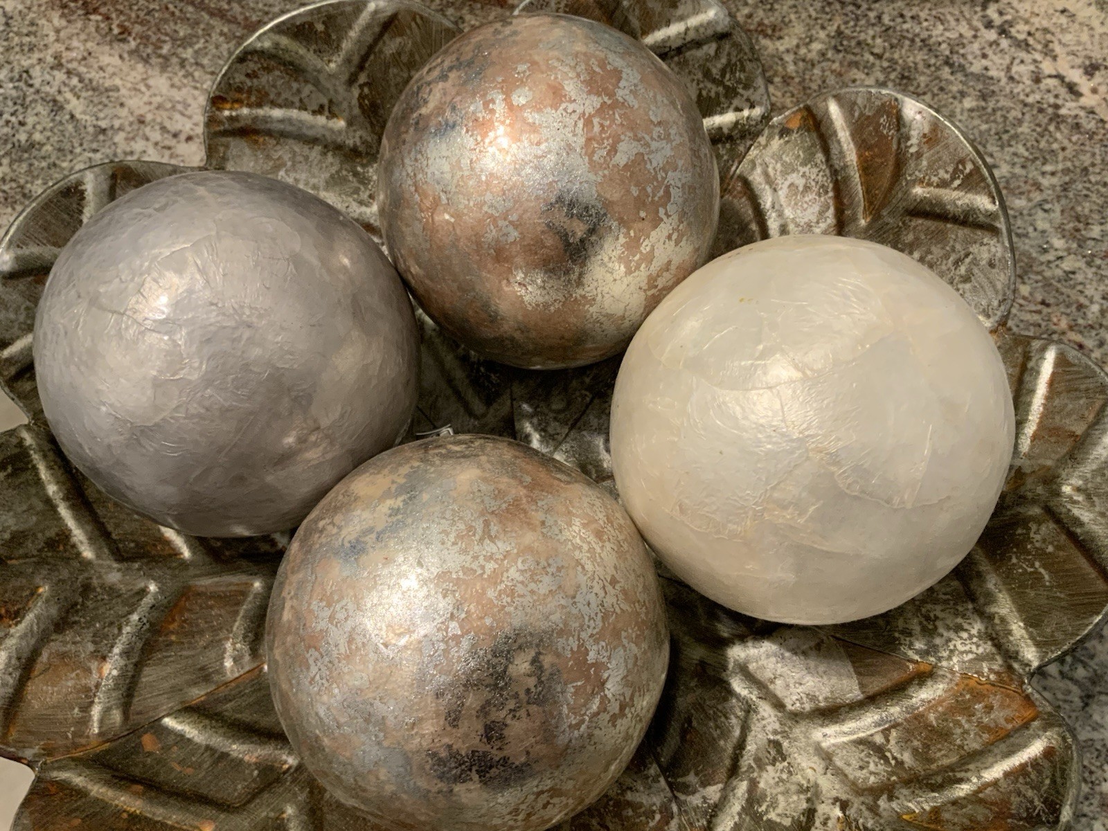 Lot Of 4 Marbleized, Pearlized 13” Diameter Decorative Ball Spheres; Lightweight