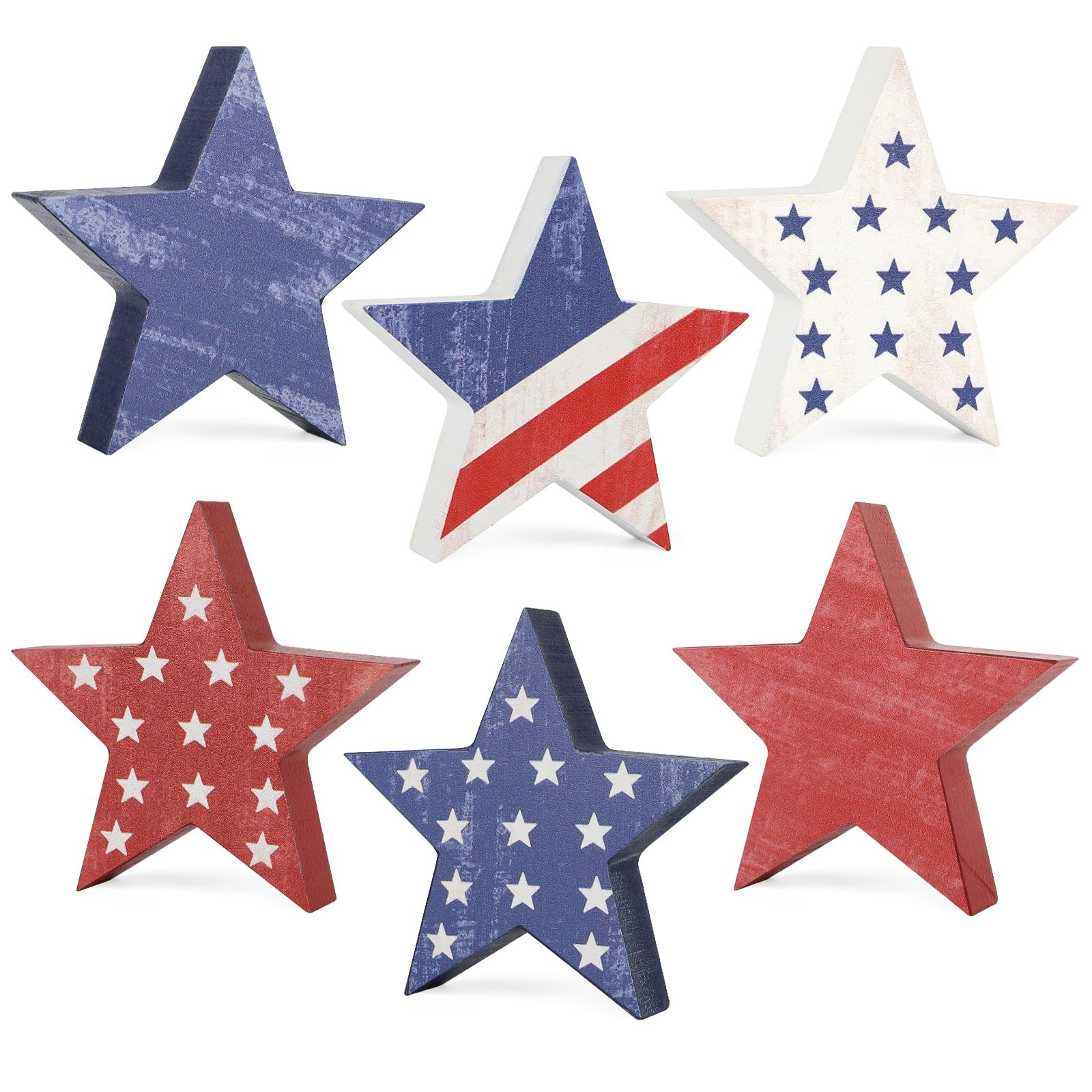 4th of July Wooden Star Decorations Set 6 Patriotic Memorial Day Red White Blue