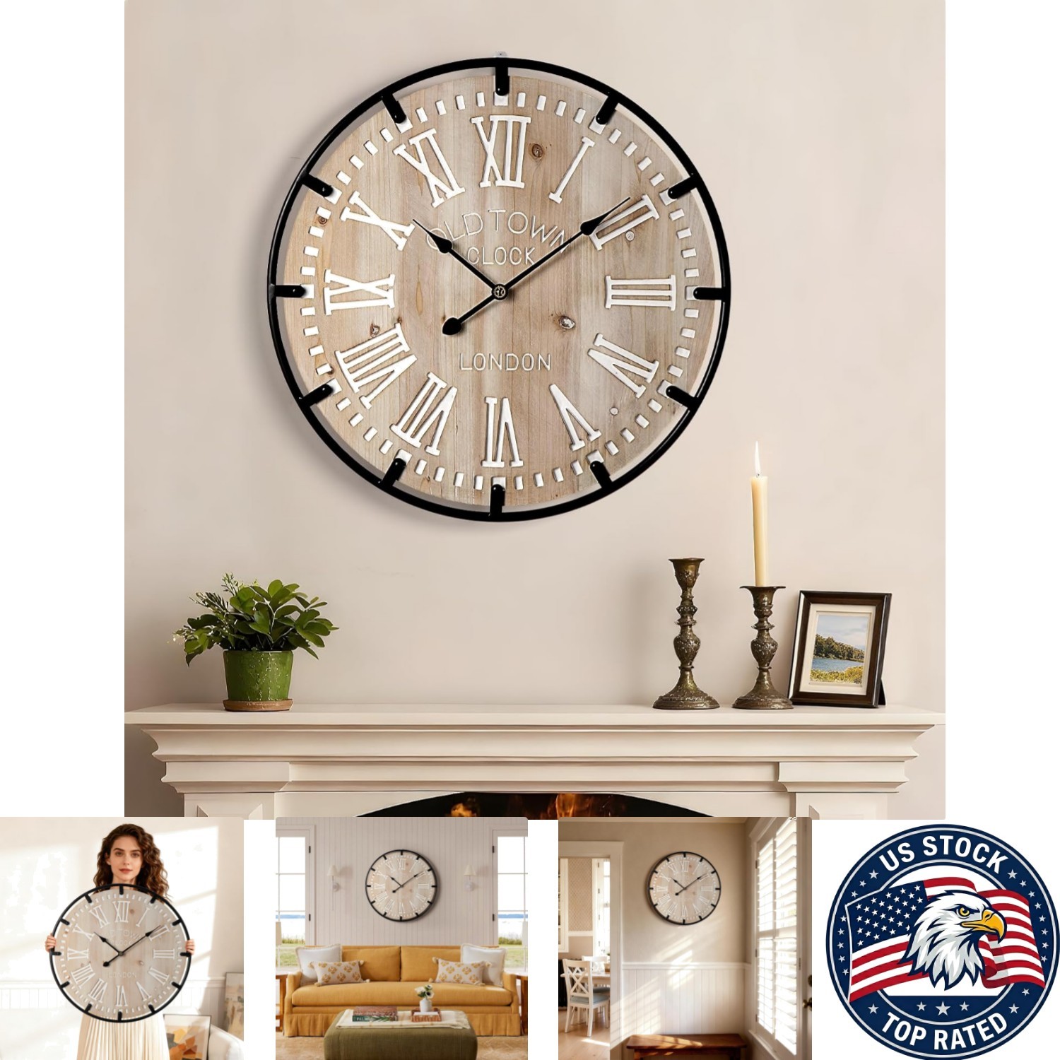 24-Inch Farmhouse Analog Wall Clock – Large Roman Numerals, Silent Operation