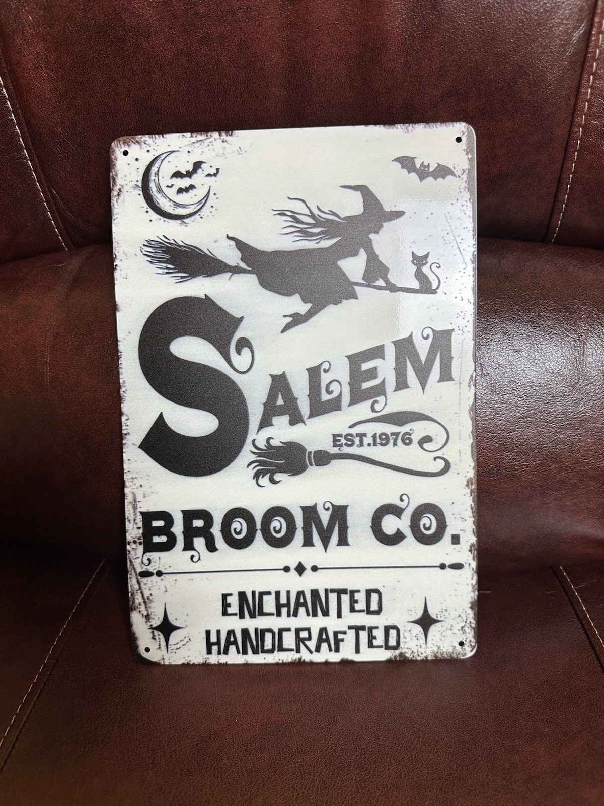 NEW The Salem Broom Company Tin Sign Witch Halloween Decoration Black White 8×12