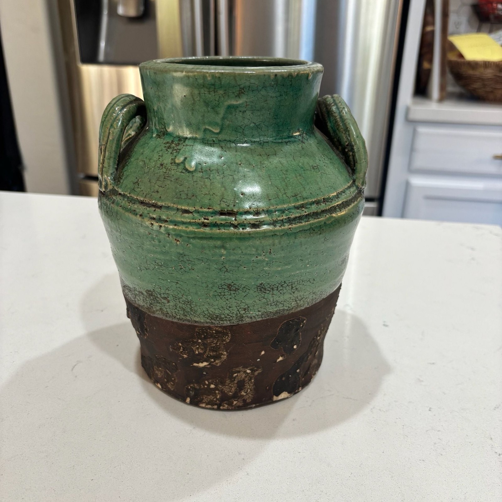 Rustic Two-Tone Green and Brown Glazed Terracotta Vase with Handles 8.5 Inches T