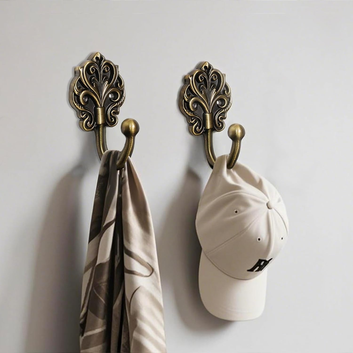 Solid Brass Wall Hooks 2 Pack – Heavy-Duty Decorative Coat Hooks with Antique