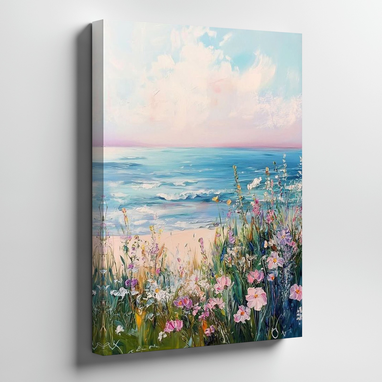 Pastel Beach Scene Canvas Wall Art With Flowers And Ocean Waves Landscape Print