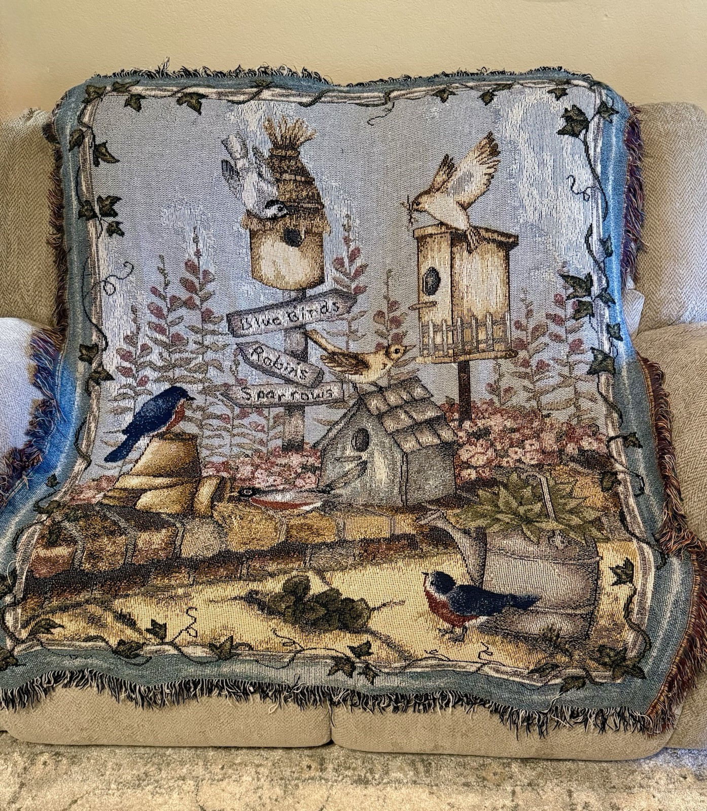 Vintage Cotton Tapestry Fringe Throw Blanket Birds and Birdhouses Pattern 42×60