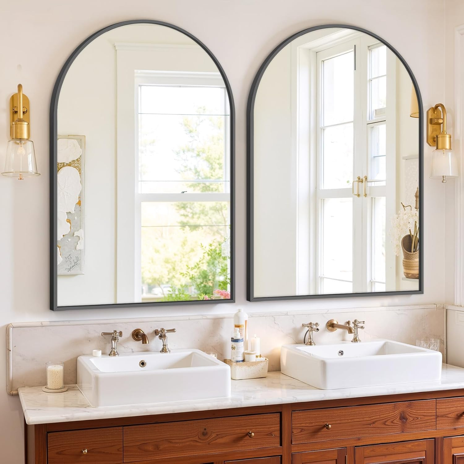 Bathroom Mirror for Wall, 36×24 Inch Arched Mirror, Matte Black Metal Framed Bat