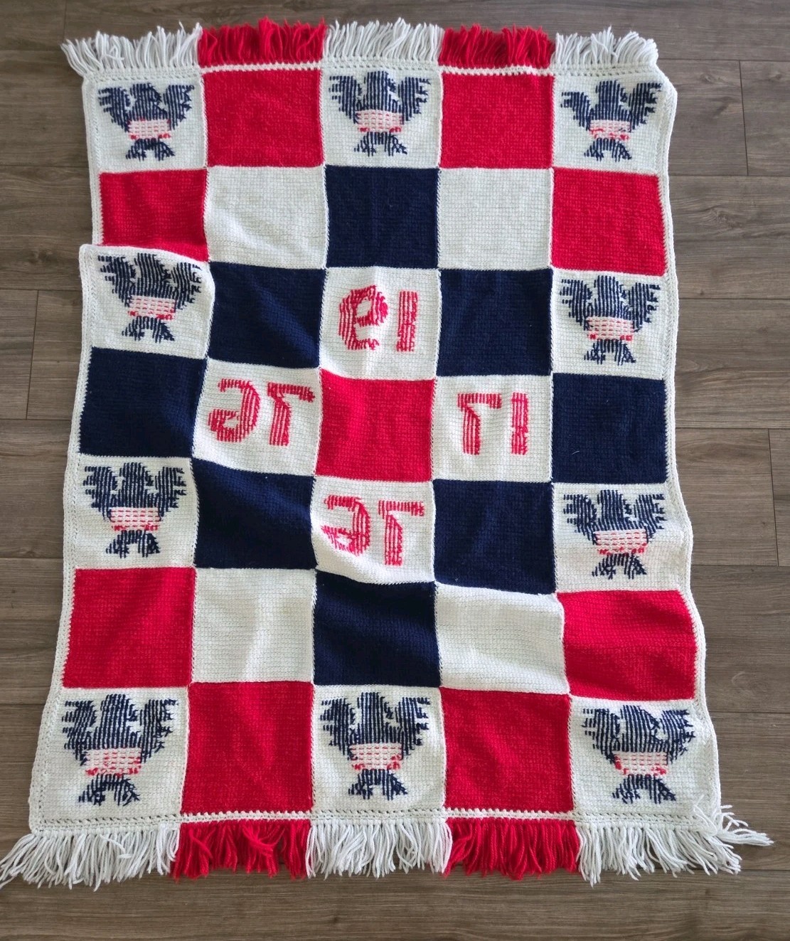 Vtg Handmade Red White Blue Crochet Afghan Blanket Bicentennial 1776-1976