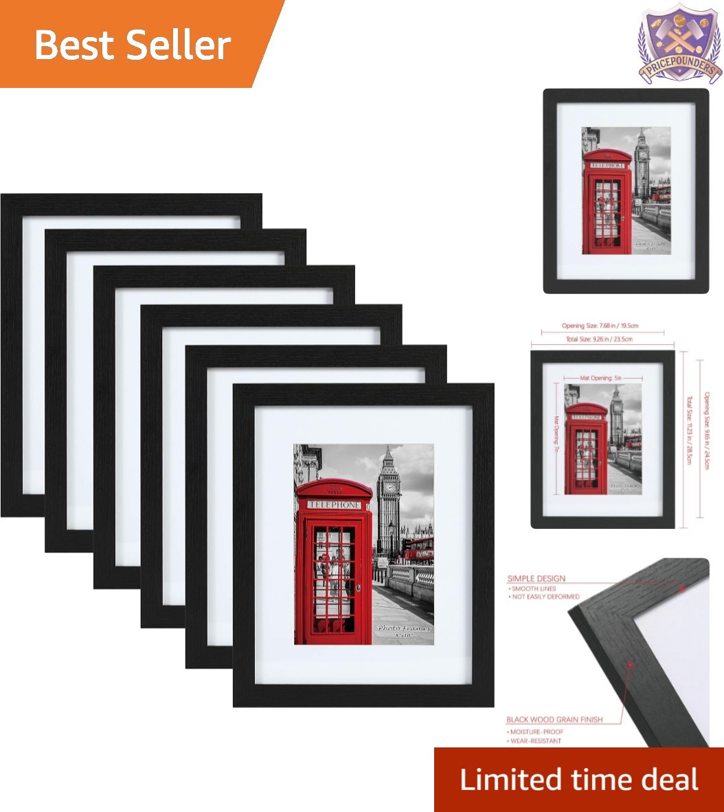 Set of 6 Black Woodgrain 8×10 Picture Frames for Wall or Tabletop Display