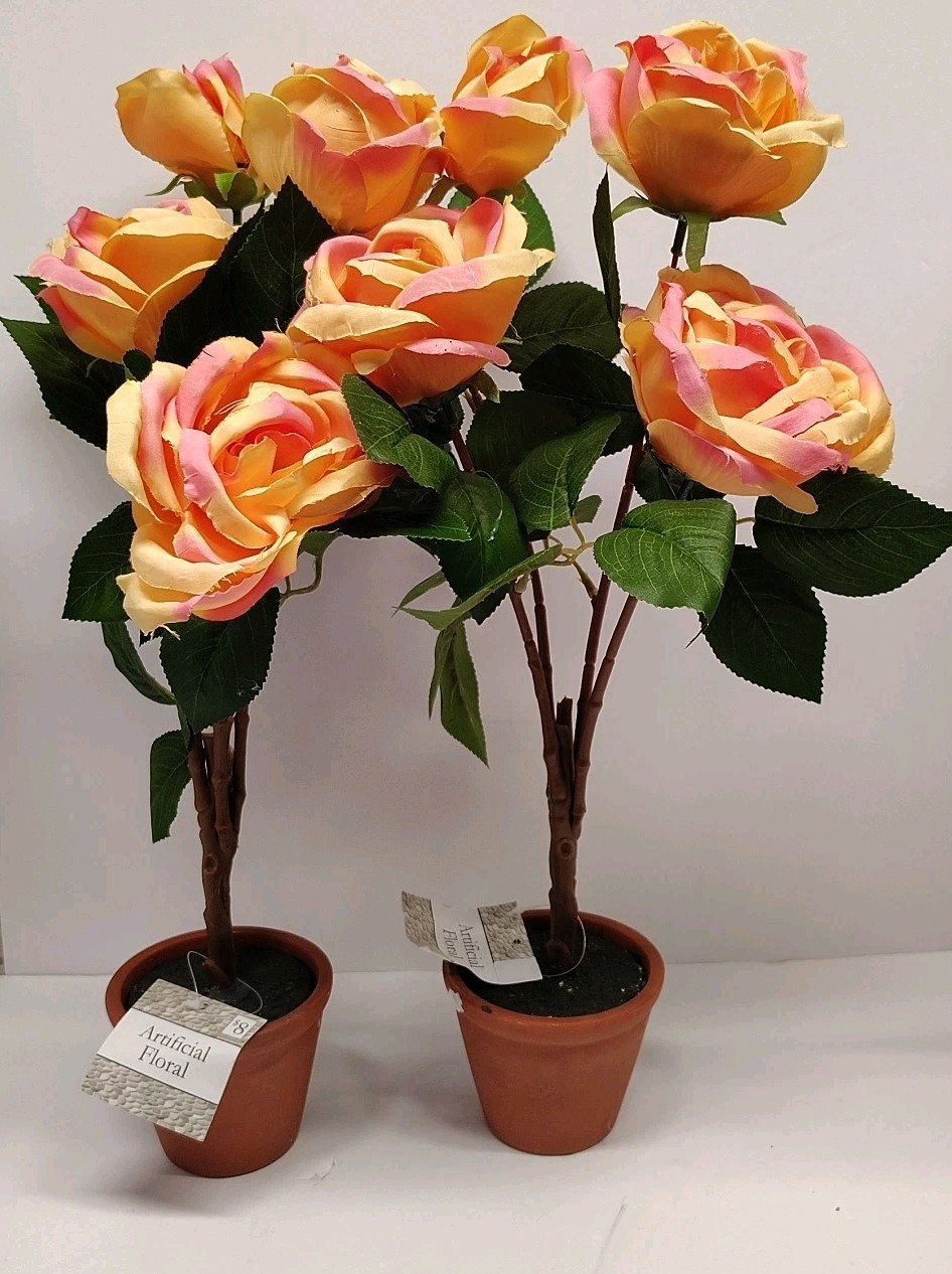 Artificial Floral And Terracotta Pot Approximately 18 In Tall Set Of 2