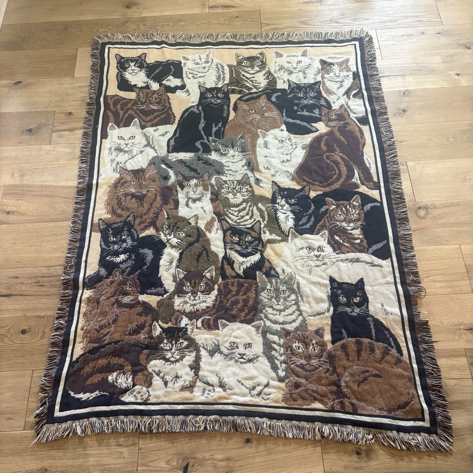 VTG Goodwin Weavers Cat Tapestry Blanket Woven Cotton Throw « Kitty Kingdom » USA