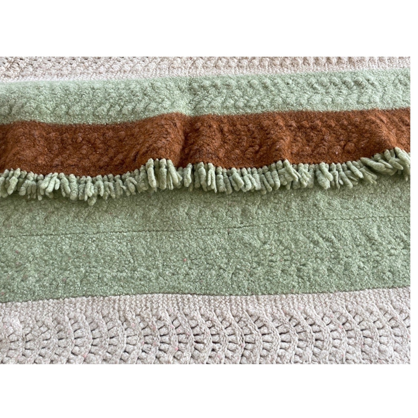 Vintage 70s Hand-Crocheted Afghan Throw Blanket | Sage, Rust & Cream | 60&Prime;x 52&Prime;