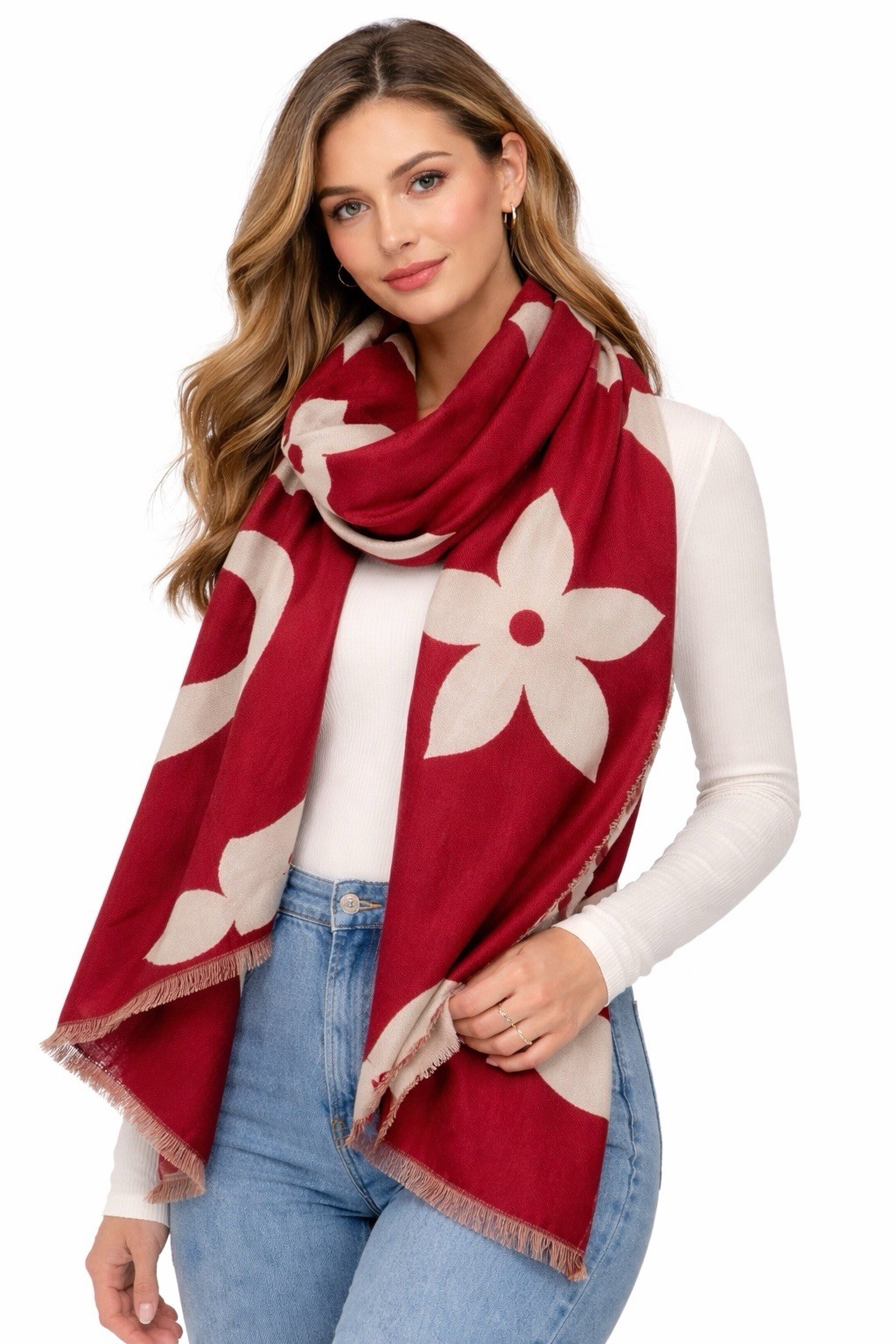 Red scarf with White Flowers