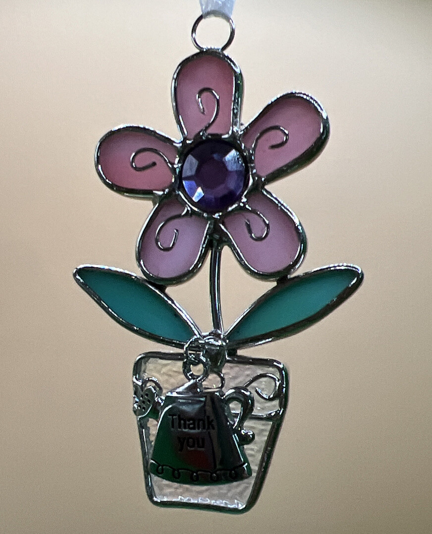 Colored Glass Pink Flower Suncatcher Metal Ornament “Thank you”