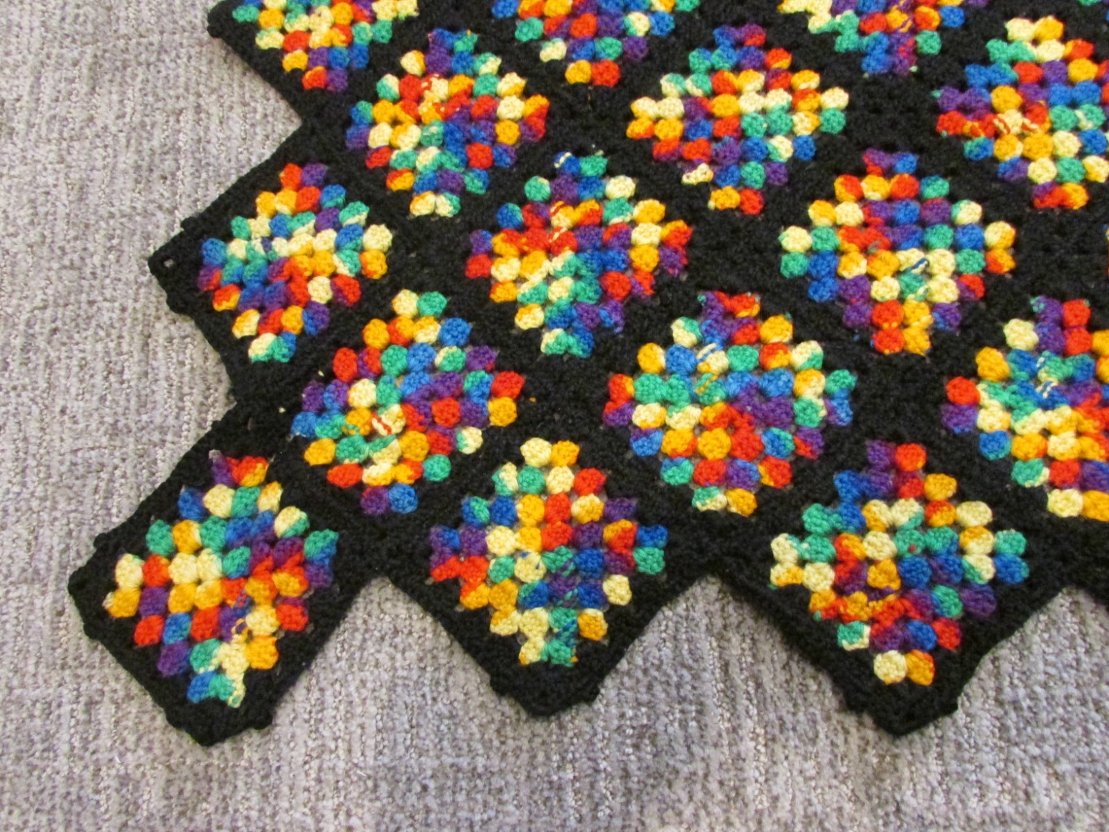 VTG Crochet Granny Square Throw Blanket Afghan Black Multicolor 75×50” Roseanne