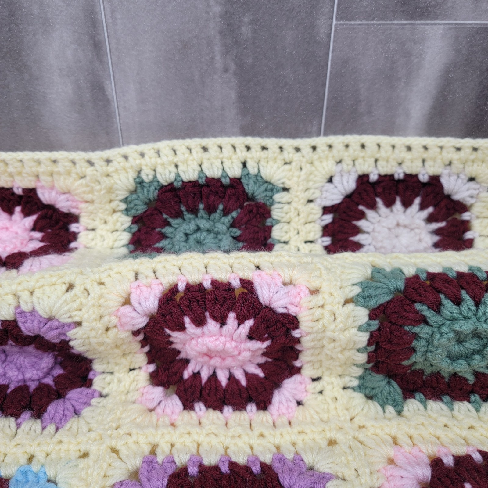 Vintage Granny Square Crochet Afghan Cottage Core 64&Prime; x 74&Prime; Yellow Easter Color