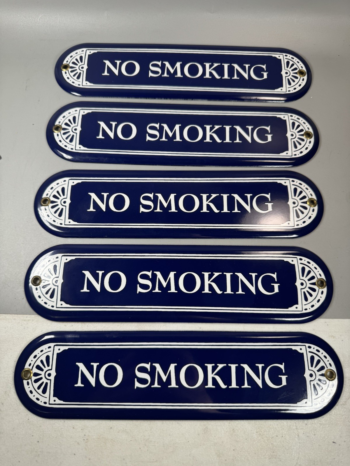 Vintage Lot of 5 No Smoking Enamel Metal Signs 10 x 2.5 Inches Blue White