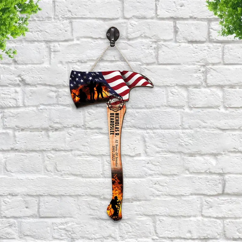 Custom Firefighter Axe Wood Hero Service Wall Sign with Rope Decor