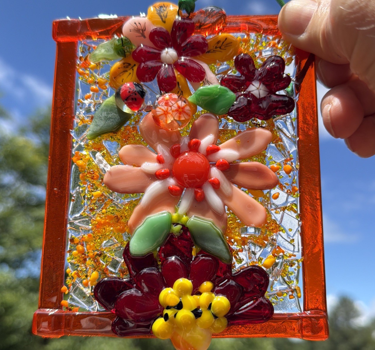 Fused Glass Handmade Flowered Rectangular Multicolor Sun Catcher Signed