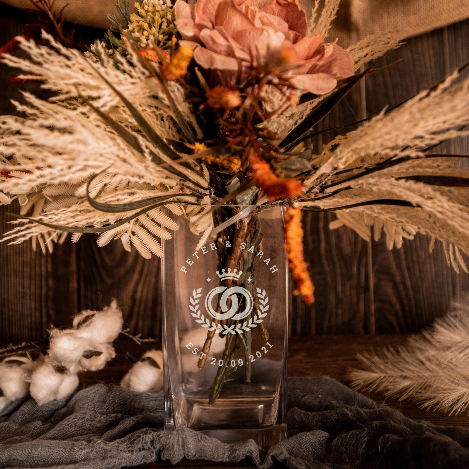 Engraved Medium Square Clear Glass Tank Vase – 10D x20cmH