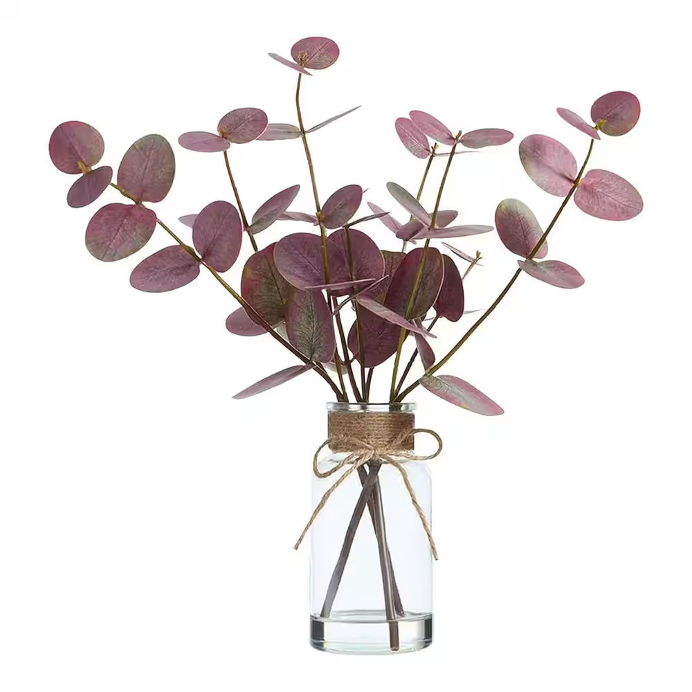 3.9 In. Green Indoor Artificial Eucalyptus Shrub with Glass Vase and Faux Water