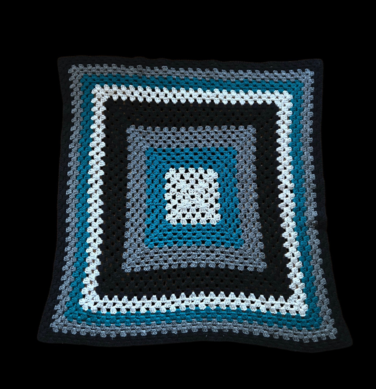 Handmade Crochet Throw Afghan Lap Baby Doll Turquoise/Black/White Square 31×33&Prime;