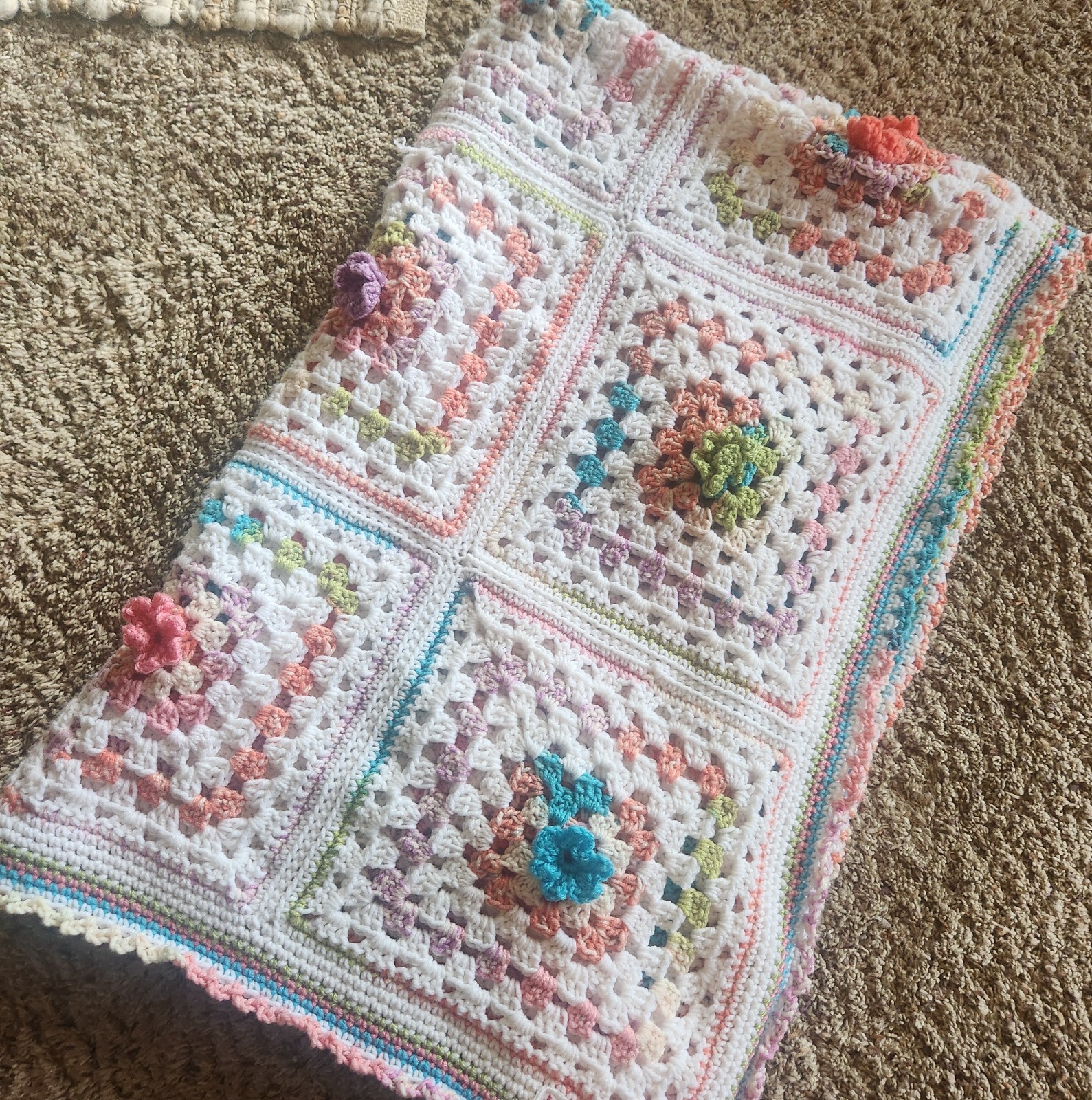 Handmade Crochet Floral Granny Square Baby, Girls Throw Blanket W/ 3D Florets