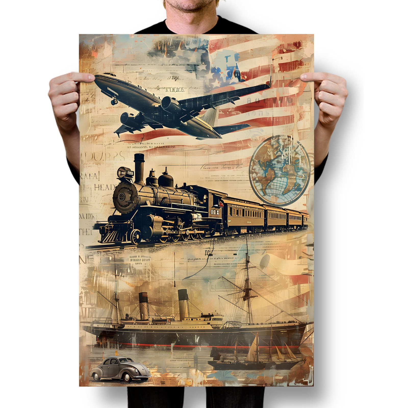 Vintage Transportation Vehicles US Flag – 250 Years of America – POSTER 20&Prime;x30&Prime;